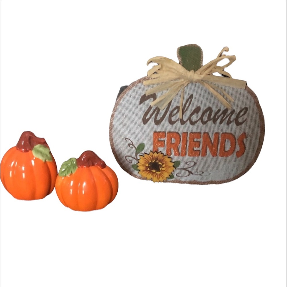 Harvest Burlap Pumpkin Welcome Friends Sign and Ceramic Pumpkin S&P Shak…